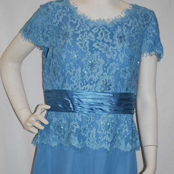 Long Blue Mothers Gown Lace Chiffon Satin Trim SS - Picture 3 of 8